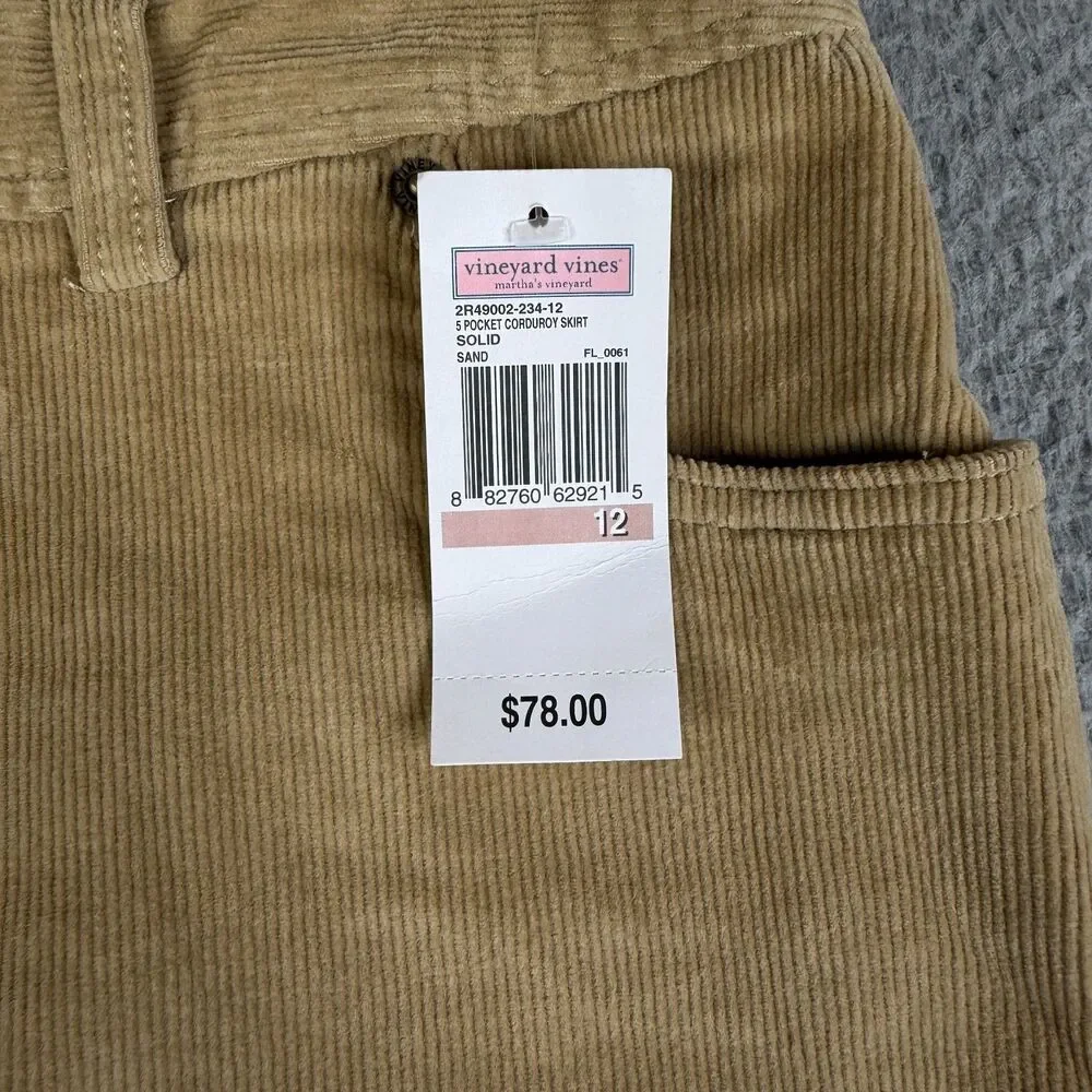 Vineyard Vines Corduroy Skirt 12 Beige Khaki Sand 5 Pocket Zip Fly Stretch